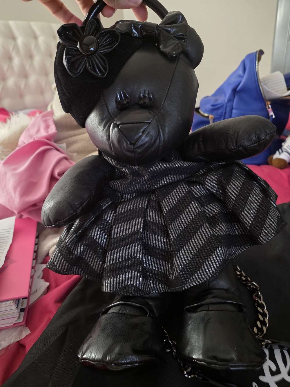 Rare Alice + Olivia By Stacey Bendet Black Leather Teddy Bear Crossbody Bag NWOT